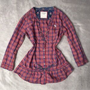 Vintage Y2K Abercrombie & Fitch Red Blue Plaid Ruffle Peplum Top - Womens S